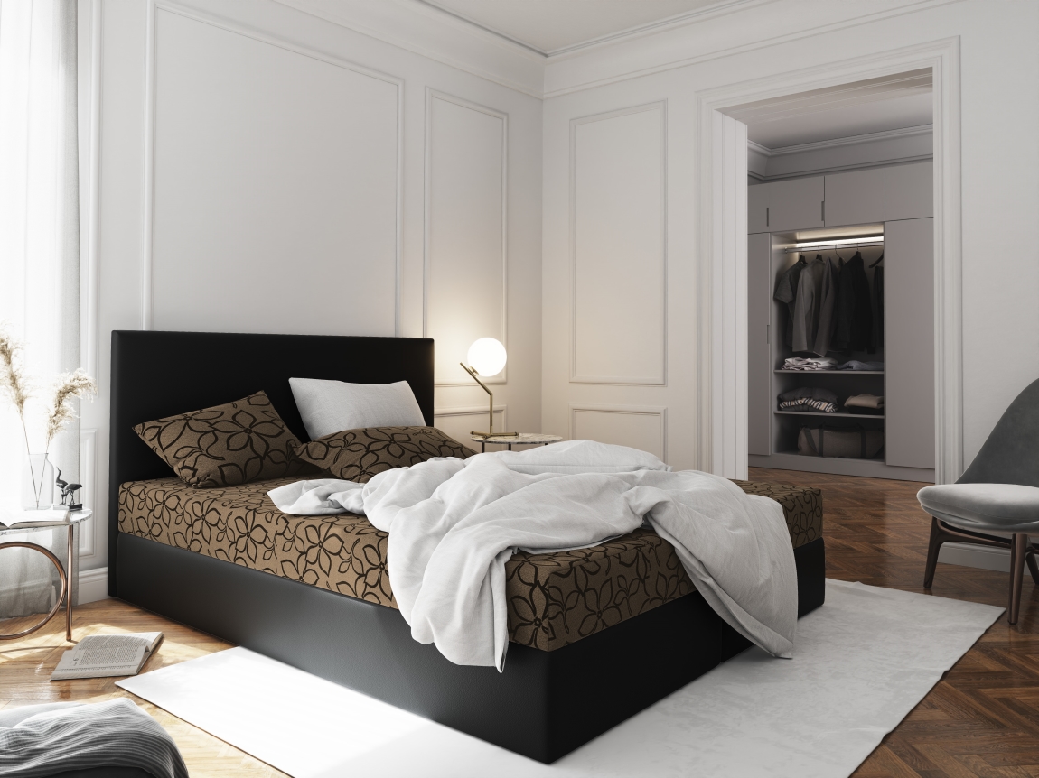 Čalouněná postel CESMIN 140x200 cm, hnědá se vzorem/černá
