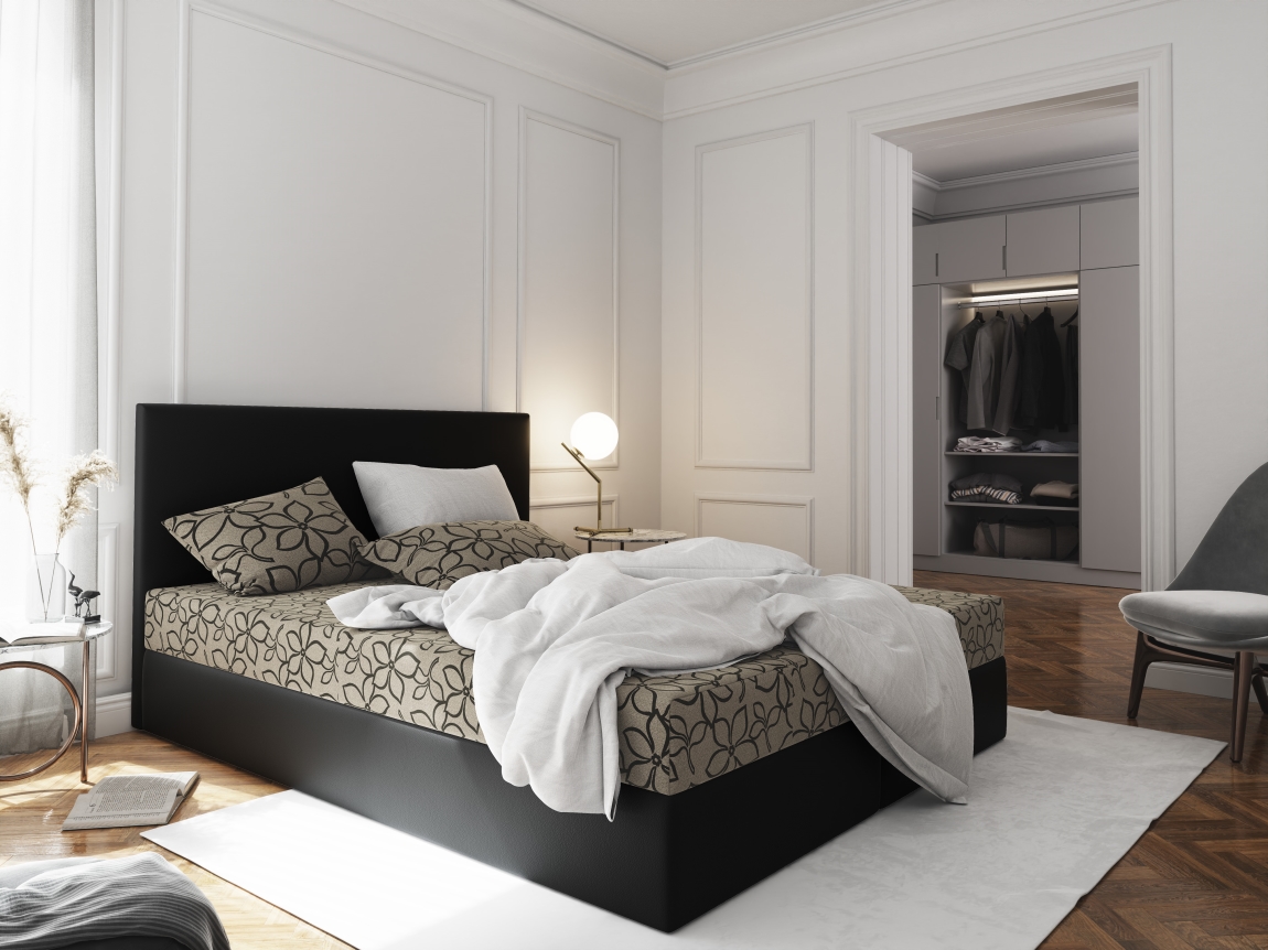 Čalouněná postel CESMIN 140x200 cm, krémová se vzorem/černá