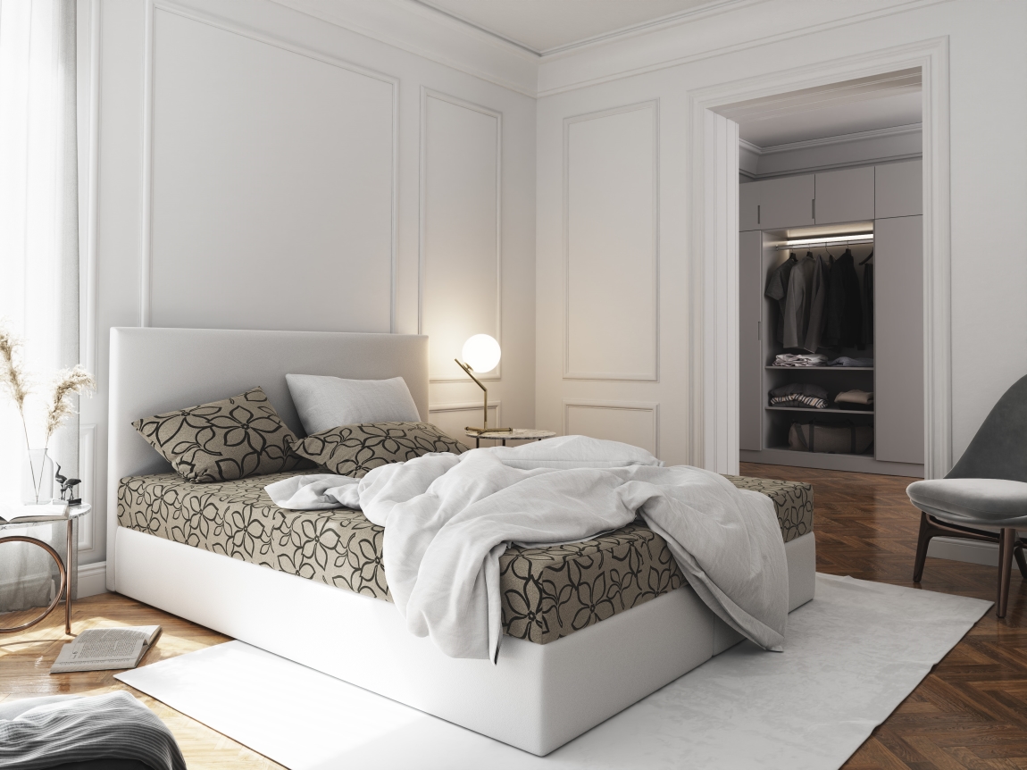 Čalouněná postel CESMIN 160x200 cm, krémová se vzorem/bílá