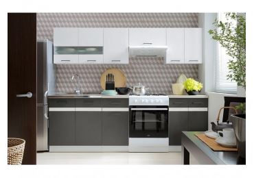 Kuchyně JAMISON 180/240 cm, korpus bílý/dvířka bílý lesk, šedý wolfram, PD beton