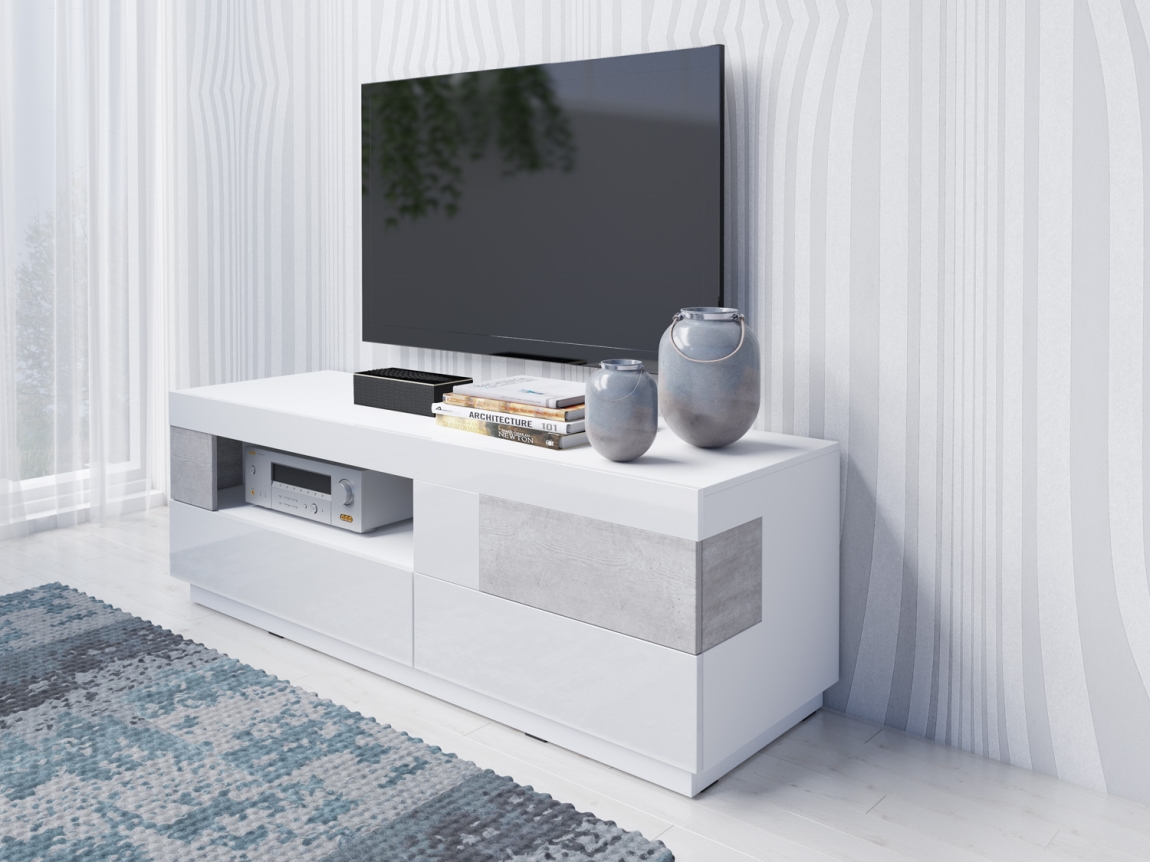 SCHIAHOT televizní stolek 2S1V, bílá/bílý lesk/beton colorado