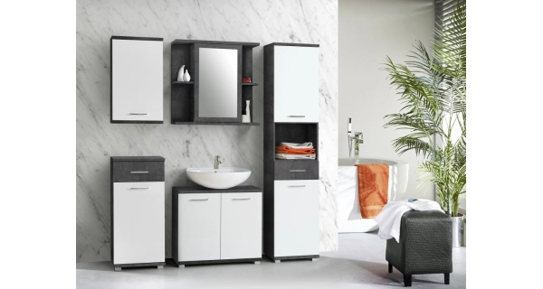 BELBEL koupelnová sestava, tmavě šedý beton/bílý lesk, 5 let záruka