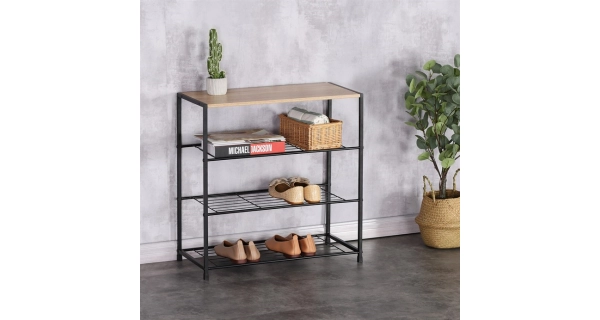 Botník DAMIKO 3 police, dekor dub sonoma/černý kov