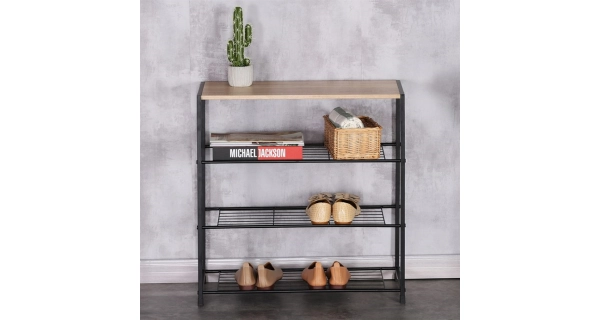 Botník DAMIKO 3 police, dekor dub sonoma/černý kov