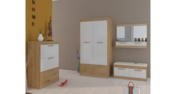 Botník GATTON 2D, béžová ekokůže, dub artisan/bílý lesk