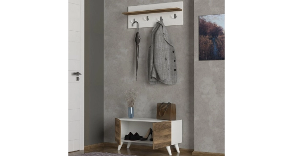 Botník s věšákem BADEN, bílá/vlašský ořech