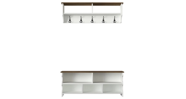 Botník s věšákem RARAU, bílá/vlašský ořech