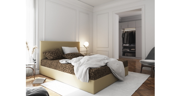Čalouněná postel CESMIN 140x200 cm, hnědá se vzorem/krémová