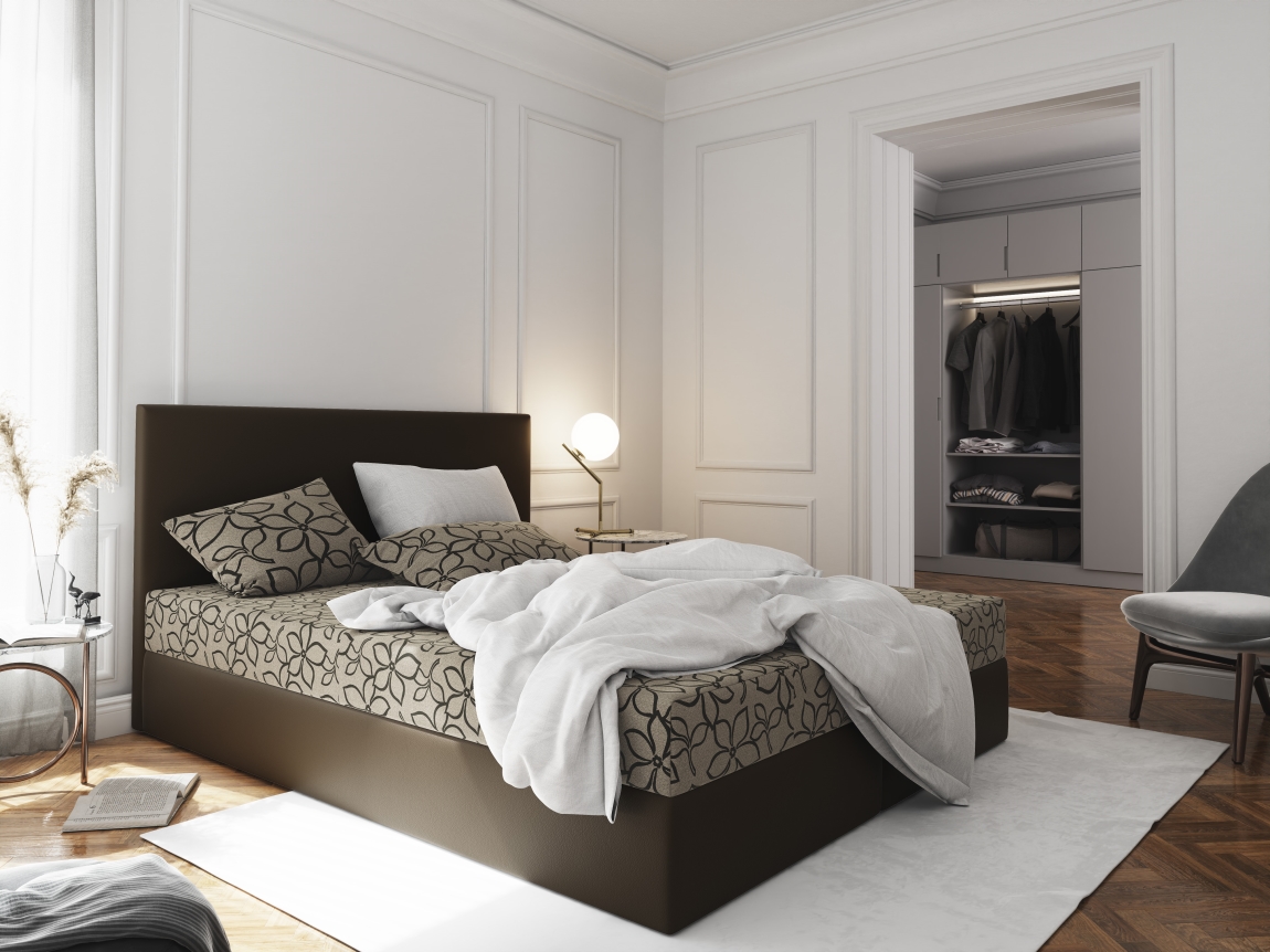 Levně Čalouněná postel CESMIN 140x200 cm, krémová se vzorem/hnědá