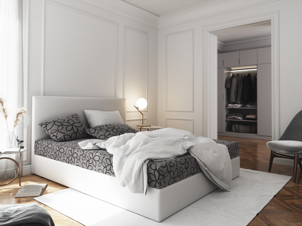 Levně Čalouněná postel CESMIN 140x200 cm, šedá se vzorem/bílá