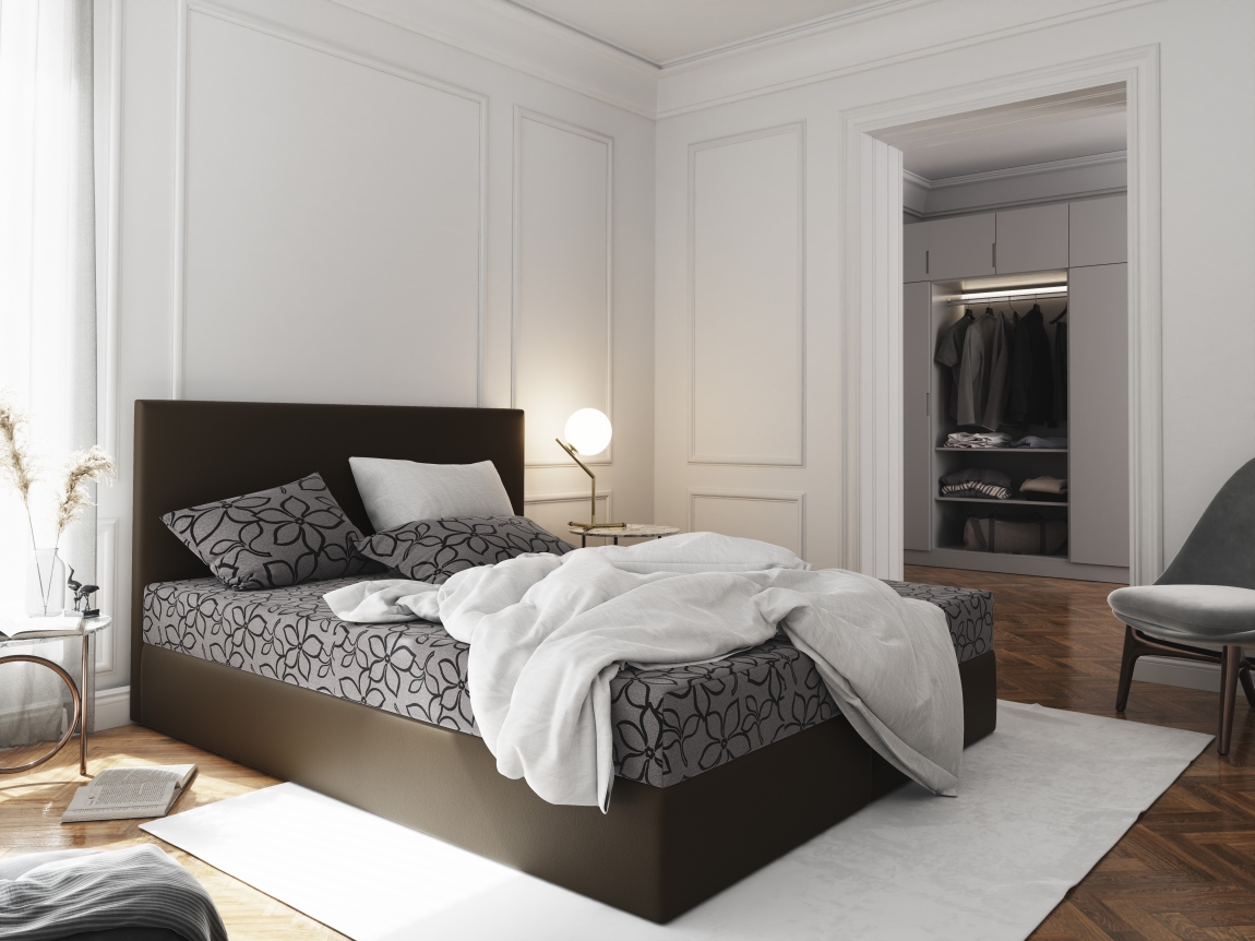 Čalouněná postel CESMIN 140x200 cm, šedá se vzorem/hnědá