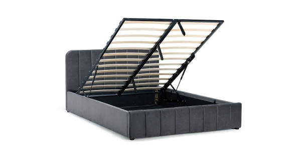 Čalouněná postel NENARI 140x200 cm s roštem a úložným prostorem, tmavě šedá