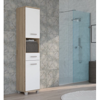 CANELU koupelnová vysoká skříňka, dub sonoma/bílý lesk, 5 let záruka
