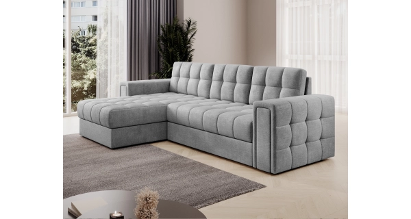 Celočalouněná rozkládací rohová sedačka TELMARO s úložným prostorem, světle šedá látka