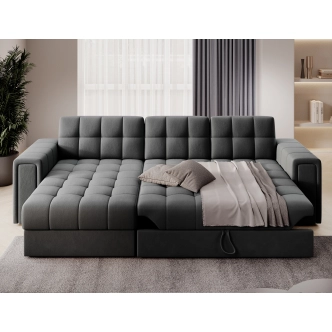 Celočalouněná rozkládací rohová sedačka TELMARO s úložným prostorem, tmavě šedá látka