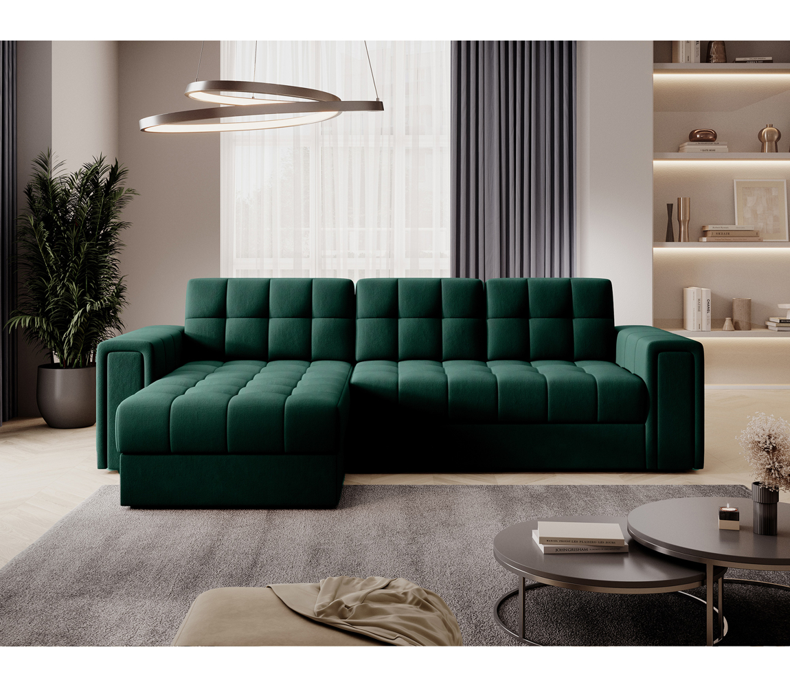 Celočalouněná rozkládací rohová sedačka TELMARO s úložným prostorem, zelená látka