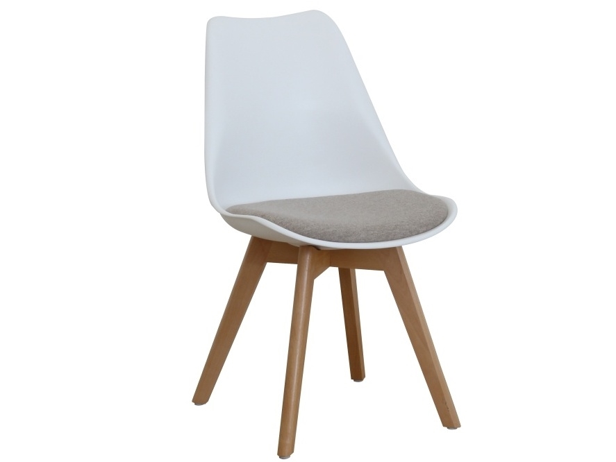 Levně Designová židle POTTO, šedě béžová látka/bílý plast/buk