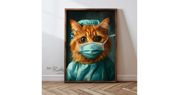 Dekorativní obraz v dřevěném rámu kočka chirurg, 35 x 47 cm