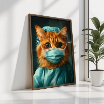Dekorativní obraz v dřevěném rámu kočka chirurg, 35 x 47 cm