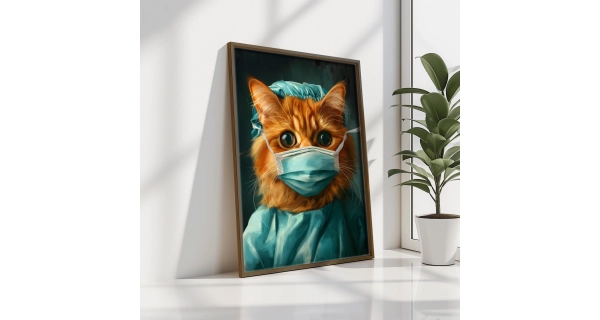 Dekorativní obraz v dřevěném rámu kočka chirurg, 35 x 47 cm