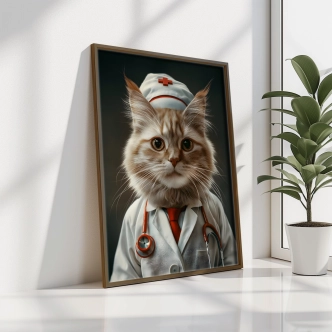 Dekorativní obraz v dřevěném rámu kočka doktorka, 35 x 47 cm