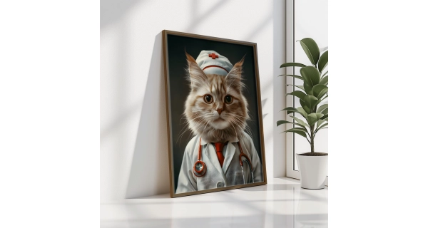 Dekorativní obraz v dřevěném rámu kočka doktorka, 35 x 47 cm