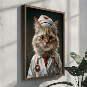 Dekorativní obraz v dřevěném rámu kočka doktorka, 35 x 47 cm