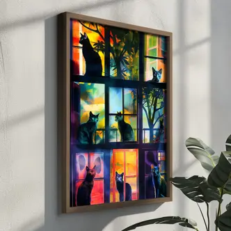 Dekorativní obraz v dřevěném rámu kočky v oknech, 35 x 47 cm