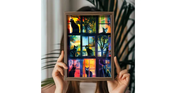 Dekorativní obraz v dřevěném rámu kočky v oknech, 35 x 47 cm