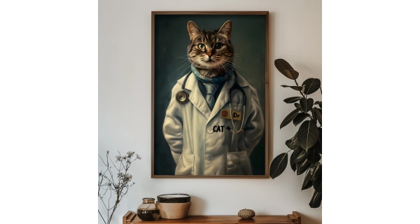 Dekorativní obraz v dřevěném rámu kocour doktor, 35 x 47 cm