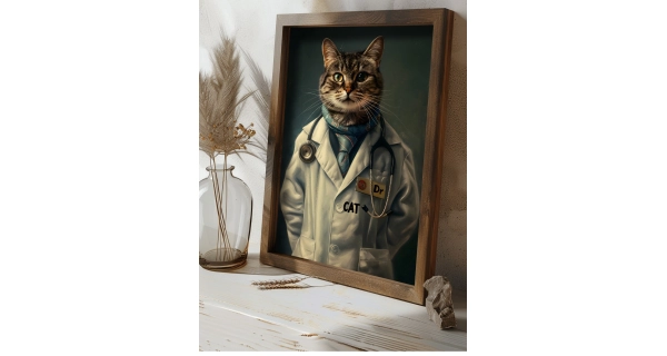 Dekorativní obraz v dřevěném rámu kocour doktor, 35 x 47 cm
