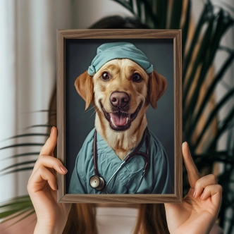 Dekorativní obraz v dřevěném rámu pes chirurg, 35 x 47 cm