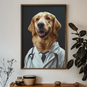 Dekorativní obraz v dřevěném rámu pes doktor, 35 x 47 cm