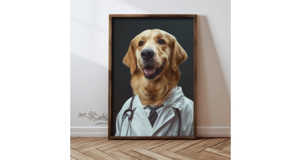 Dekorativní obraz v dřevěném rámu pes doktor, 35 x 47 cm