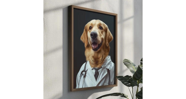Dekorativní obraz v dřevěném rámu pes doktor, 35 x 47 cm