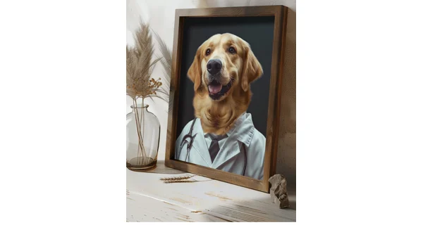 Dekorativní obraz v dřevěném rámu pes doktor, 35 x 47 cm