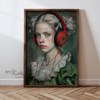 Dekorativní obraz v dřevěném rámu slečna se sluchátky, 35 x 47 cm