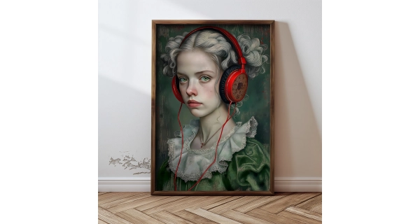 Dekorativní obraz v dřevěném rámu slečna se sluchátky, 35 x 47 cm