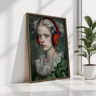 Dekorativní obraz v dřevěném rámu slečna se sluchátky, 35 x 47 cm