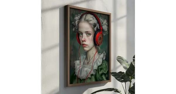 Dekorativní obraz v dřevěném rámu slečna se sluchátky, 35 x 47 cm