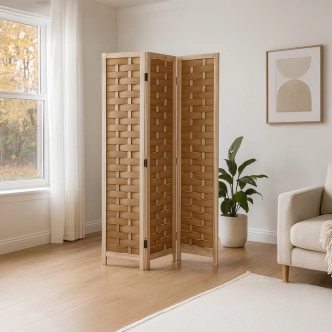 Dřevěný třídílný paraván ELELHAL, masiv smrk, přírodní odstín