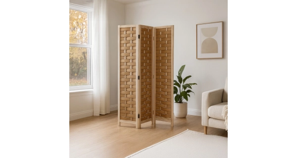 Dřevěný třídílný paraván ELELHAL, masiv smrk, přírodní odstín