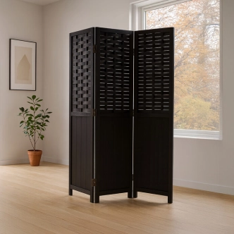 Dřevěný třídílný paraván QUINQUIN, masiv smrk, černý