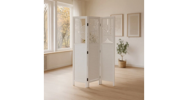 Dřevěný třídílný paraván ULHALWEL, masiv smrk, bílý
