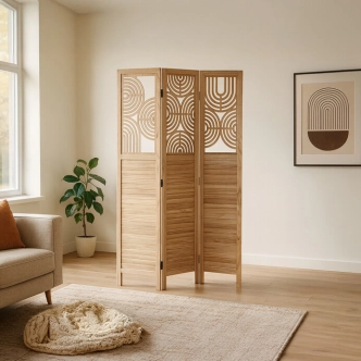 Dřevěný třídílný paraván ULHALWEL, masiv smrk, přírodní odstín