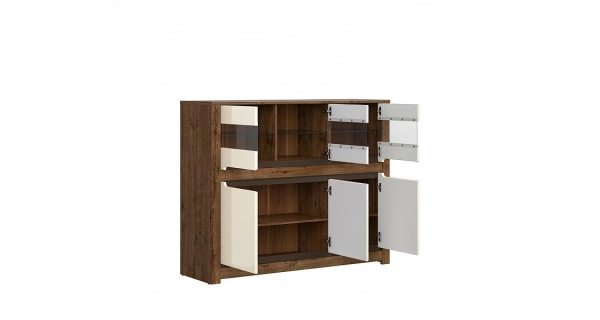 ERMELINDA vitrína 3W3D, dub april/perleťový lesk