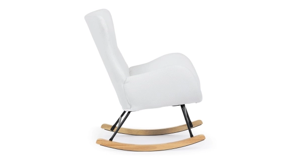 Houpací křeslo JERRIS, potah bílá látka, dřevěné nohy