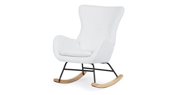 Houpací křeslo JERRIS, potah bílá látka, dřevěné nohy