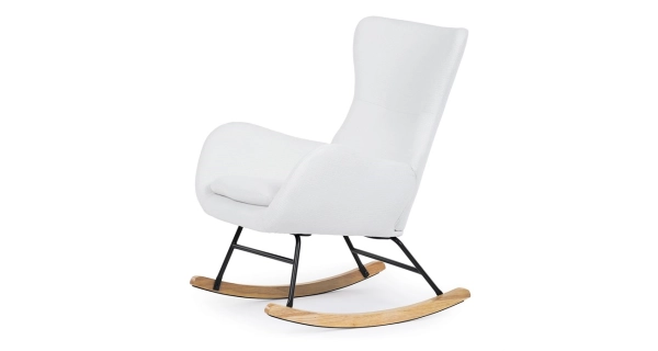 Houpací křeslo JERRIS, potah bílá látka, dřevěné nohy