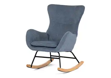 Houpací křeslo JERRIS, potah modrá látka, dřevěné nohy DOPRODEJ
